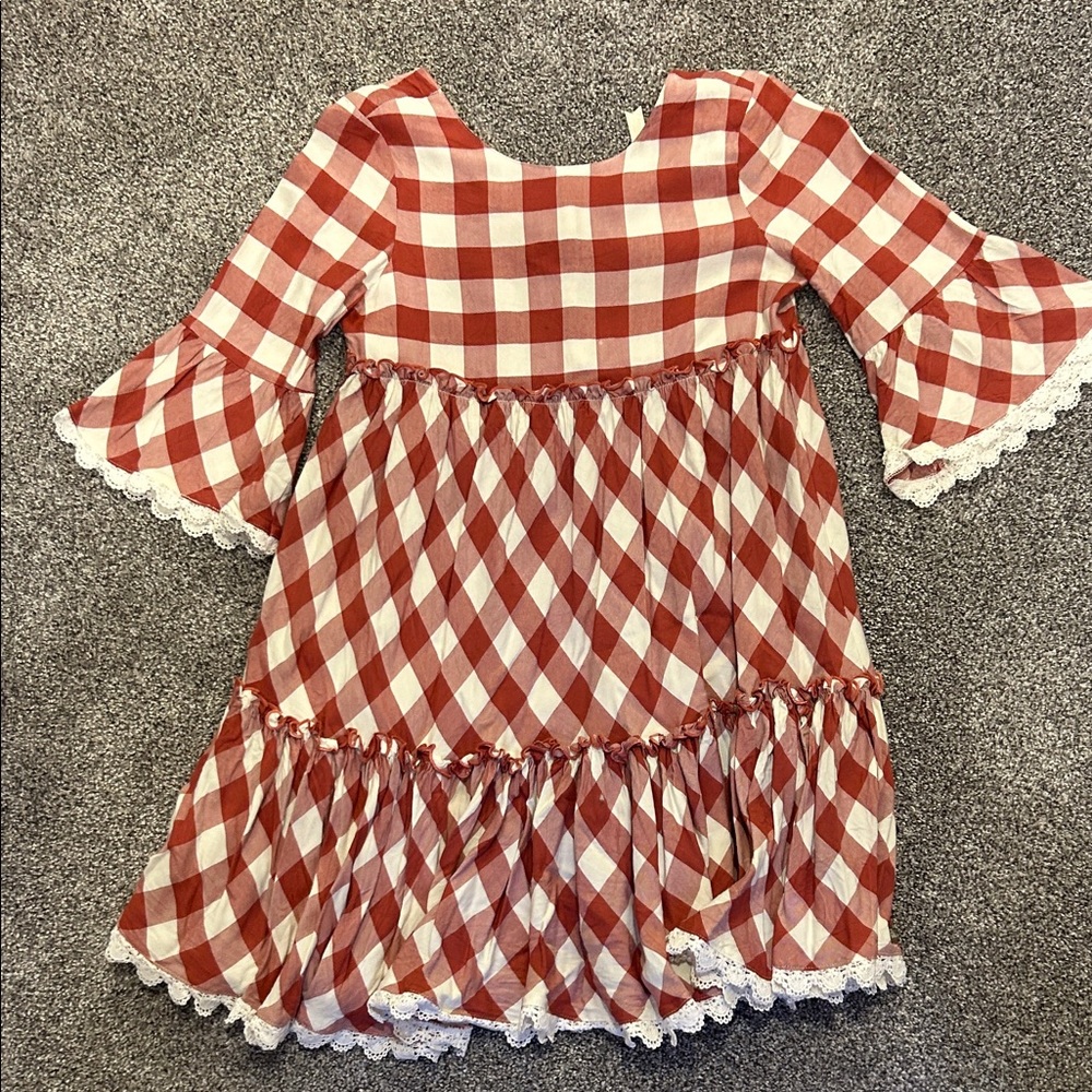 Red and White Gingham Dress with Lace Trim